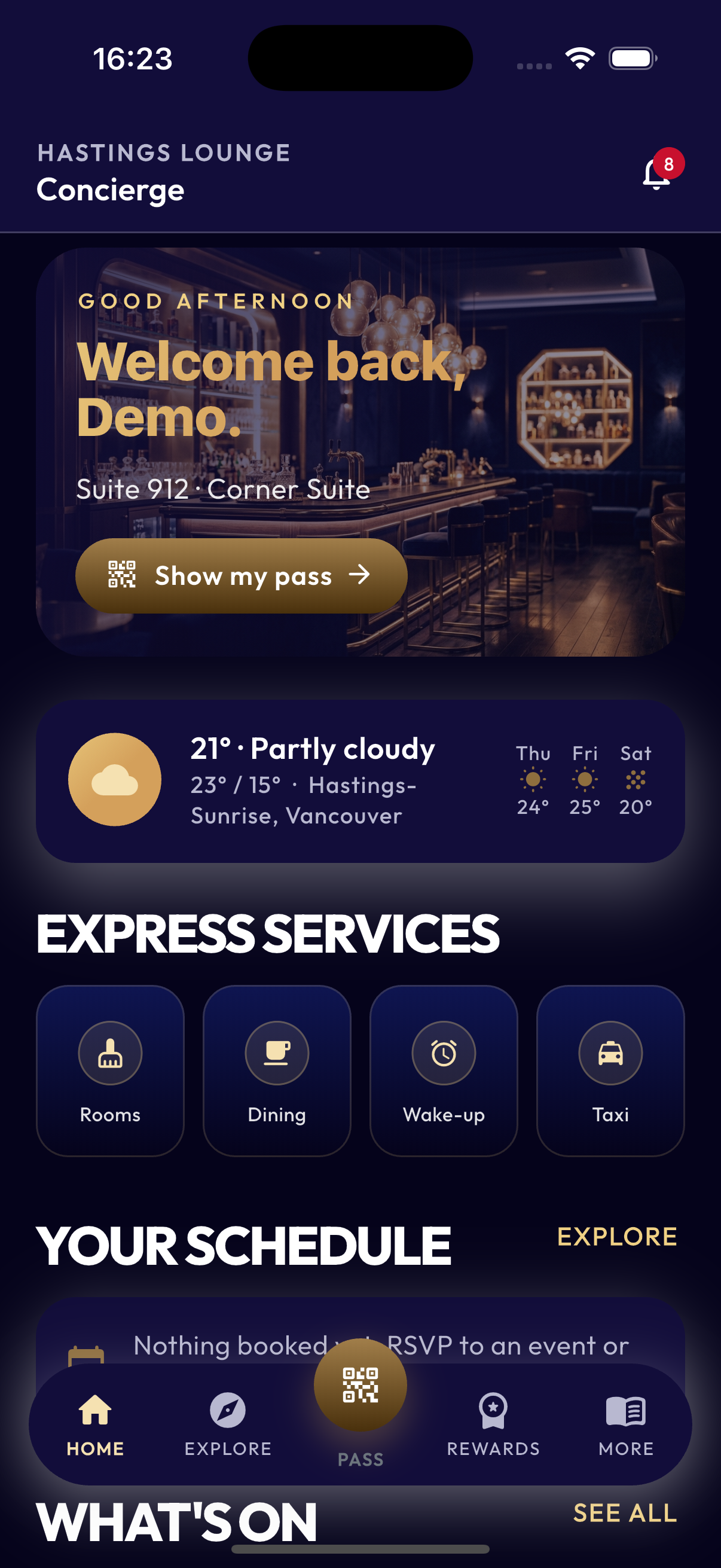 Home screen with express services and stay greeting